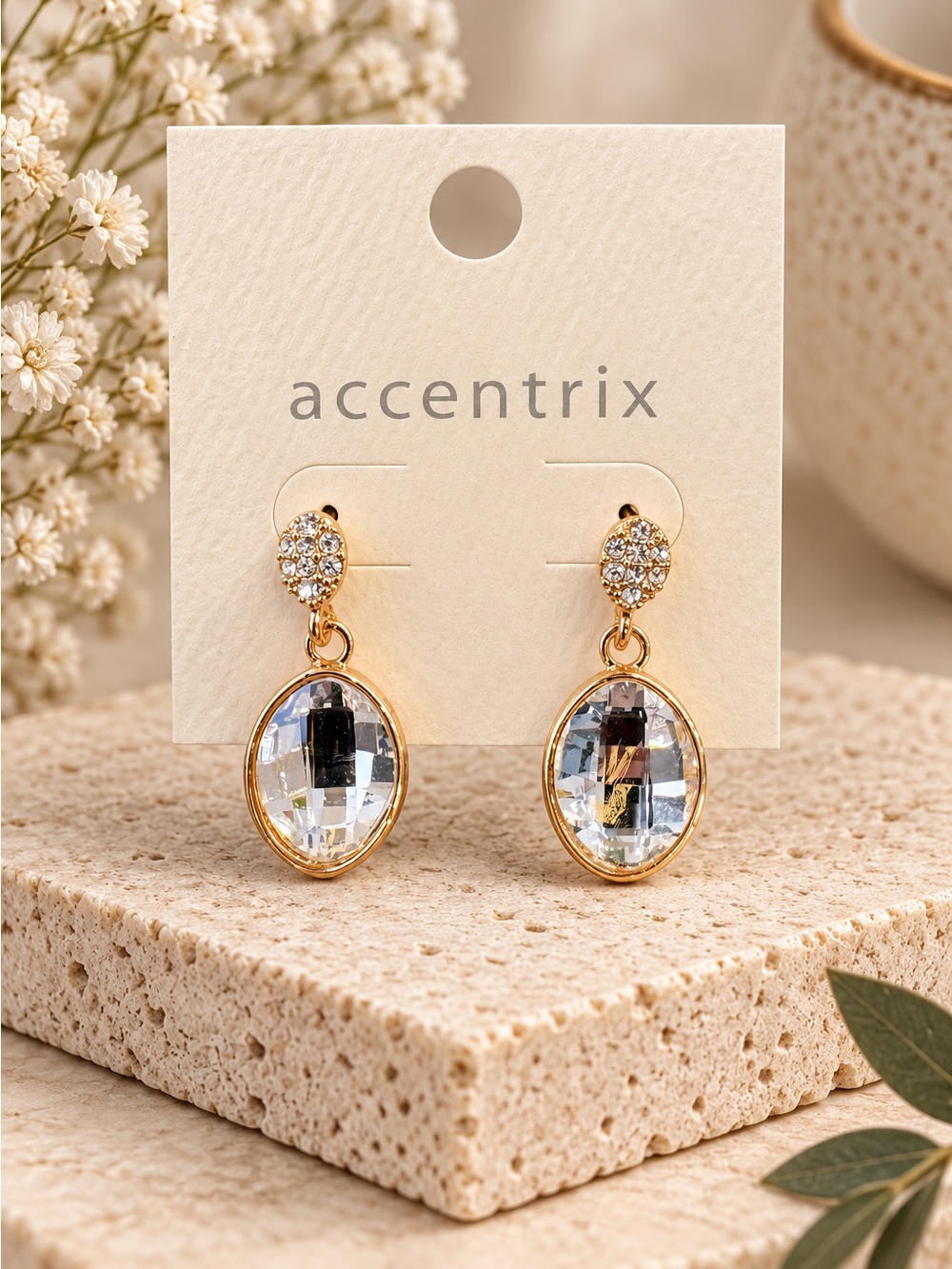 Accentrix Gold Oval Crystal Drop Earrings - Clear